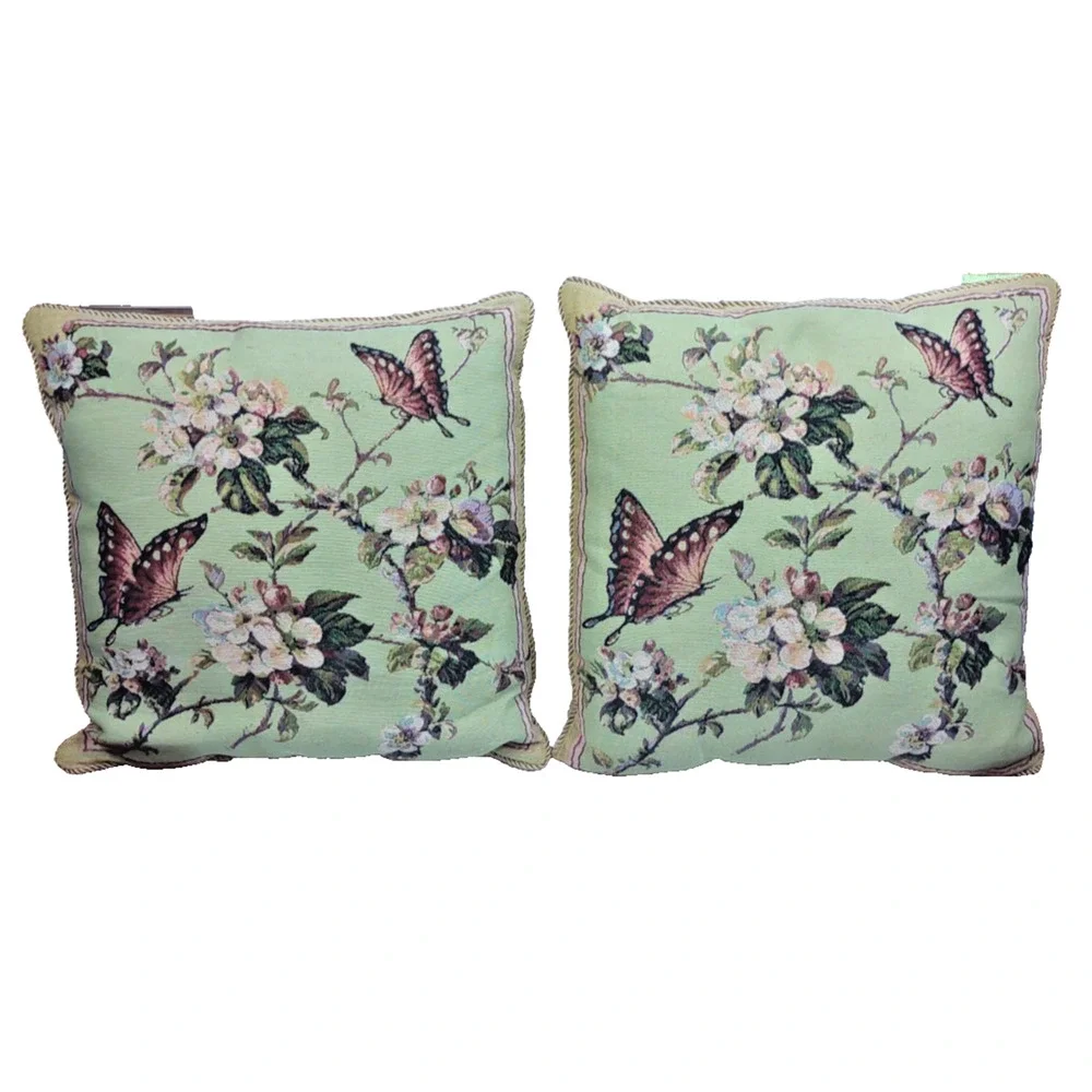 Set of 2 VTG Tapestry Throw Pillows Butterflies Blossoms 18 X 18
